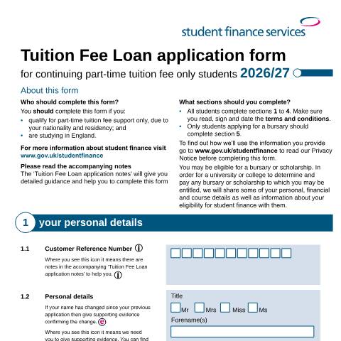 Document preview: Student finance application forms and notes for continuing 2026 to 2027 part-time tuition fee only students — Student Loans Company, United Kingdom