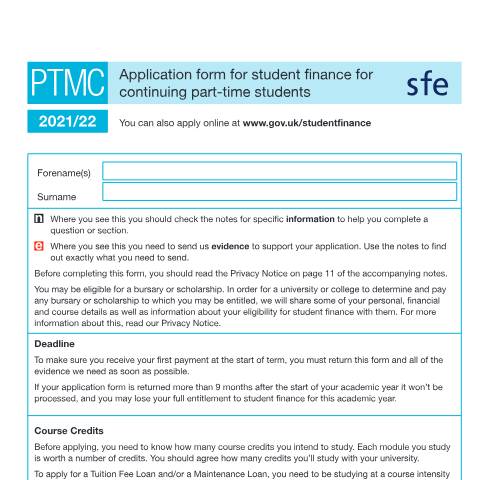 Document preview: Student finance application forms and notes for continuing part-time students for a course that started after August 2018 — Student Loans Company, United Kingdom
