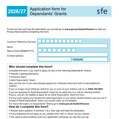Document preview: Student finance application for Dependants' Grants — Student Loans Company, United Kingdom