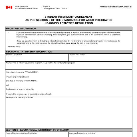 Document preview: Student Internship Agreement as per Section 3 of the Standards for Work Integrated Learning Activities Regulation — Labour, Canada (CERFA n°LAB1205)