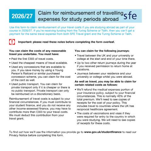 Document preview: Student finance application for Travel Grant — Student Loans Company, United Kingdom