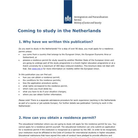 Documentvoorvertoning: Coming to study in the Netherlands — IND — immigratie, Nederland (CERFA n°3087)