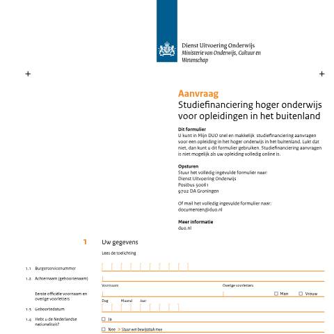 Documentvoorvertoning: Aanvraag studiefinanciering hoger onderwijs voor opleidingen in het buitenland — DUO — Formulieren studiefinanciering hbo en universiteit, Nederland