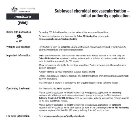 Document preview: Subfoveal choroidal neovascularisation - initial authority application form (PB072) — Services Australia — Health professionals, Australia (CERFA n°PB072)