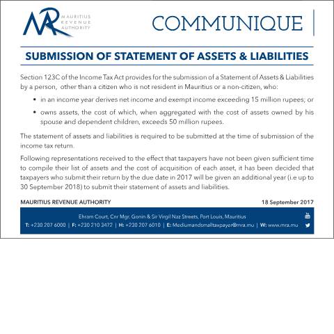 Document preview: Submission of Statement of Assets &amp; Liabilities (18.09.17) — Document, Mauritius (CERFA n°StatementofAssetsNLiabilities)