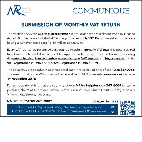 Document preview: Submission of Monthly VAT Return (20.09.18) — Form, Mauritius (CERFA n°VAT200918)