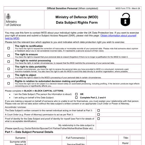 Document preview: How to submit a data subject request to MOD — Ministry of Defence, United Kingdom