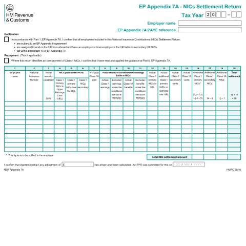 Document preview: Submit a National Insurance contributions settlement return (NSR Appendix 7A) — HM Revenue & Customs, United Kingdom