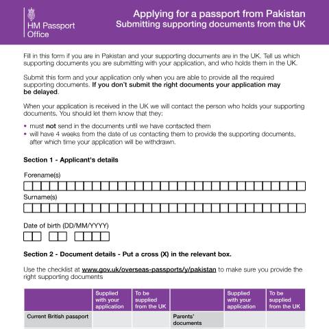 Document preview: Applying for a passport from Pakistan: submitting supporting documents from the UK — HM Passport Office, United Kingdom