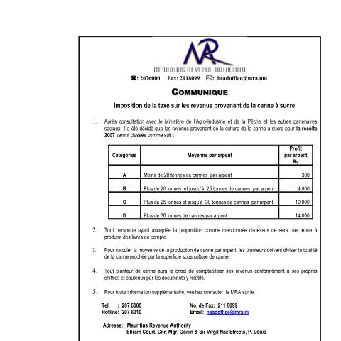 Document preview: Imposition de la taxe sur les revenus provenant de la canne à sucre (09.09.2008) — Document, Mauritius (CERFA n°SugarcaneTaxationFrench_090908)