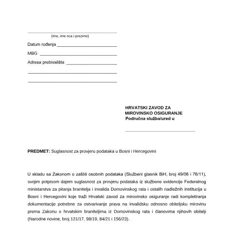 Document preview: Suglasnost za provjeru podataka-HVO — Mirovinsko (pension), Hrvatska (CERFA n°Suglasnost_za_provjeru_podataka-HVO)