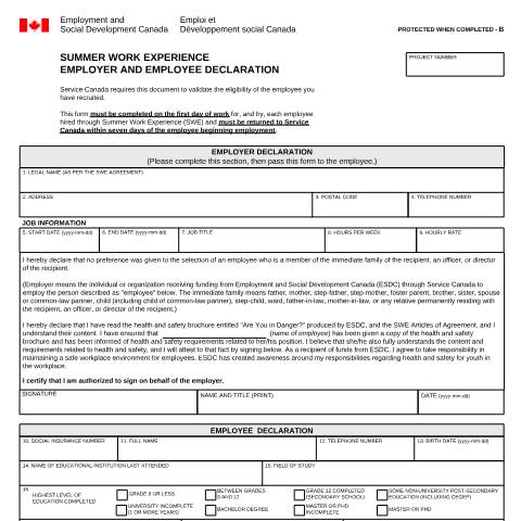 Document preview: Summer Work Experience (SWE) - Employer and Employee Declaration — Employment and Social Development Canada, Canada (CERFA n°EMP5623)