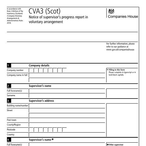 Document preview: Give notice of a supervisor's progress report in voluntary arrangement for a Scottish company: CVA3 (Scot) — Companies House, United Kingdom