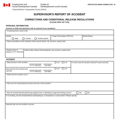 Document preview: Supervisor's Report of Accident — Labour, Canada (CERFA n°LAB1075)