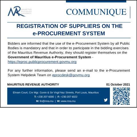 Document preview: Registration of Suppliers on the e-Procurement System (01.10.21) — Notice / Circular, Mauritius (CERFA n°Communique011021)