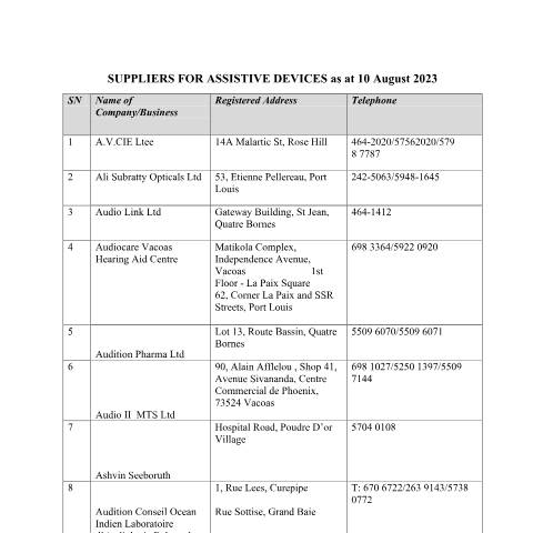 Document preview: SUPPLIERS FOR ASSISTIVE DEVICES as at 10 August 2023 – Website — Document, Mauritius (CERFA n°SUPPLIERS-FOR-ASSISTIVE-DEVICES-as-at-10-August-2023-Website)