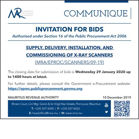 Document preview: Supply. Delivery, Installation and Commissioning of X-Ray Scanners (10.12.19) — Notice / Circular, Mauritius (CERFA n°CommuniqueXRay101219)