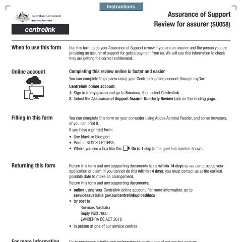 Document preview: Assurance of Support - Review for Assurer — Services Australia — Individuals (by code), Australia (CERFA n°SU058)