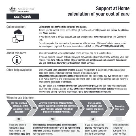 Document preview: Support at Home calculation of your cost of care — Services Australia — Individuals (by code), Australia (CERFA n°SA456)