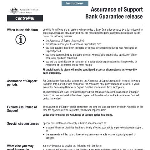 Document preview: Assurance of Support Bank Guarantee Release — Services Australia — Individuals (by code), Australia (CERFA n°SU631)