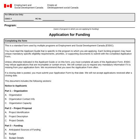 Document preview: Application for Funding - Supporting Black Canadian Communities (SBCC) — Employment and Social Development Canada, Canada (CERFA n°EMP5679)