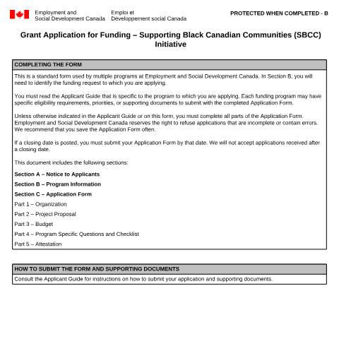 Document preview: Grant Application for Funding – Supporting Black Canadian Communities (SBCC) — Employment and Social Development Canada, Canada (CERFA n°EMP5672)