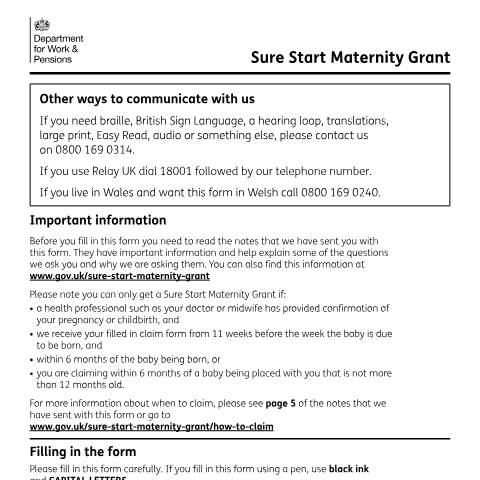 Document preview: Sure Start Maternity Grant claim form — Department for Work and Pensions, United Kingdom