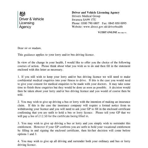 Document preview: Surrender entitlement to drive large vehicles (form VCERT) — Driver and Vehicle Licensing Agency, United Kingdom