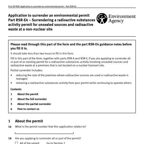 Document preview: Part RSR-E4: surrender a RSR unsealed sources permit — Environment Agency, United Kingdom