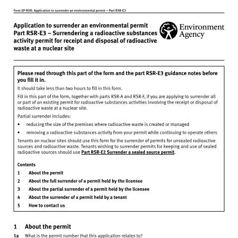 Document preview: Part RSR-E3: surrender a radioactive substances permit at a nuclear site — Environment Agency, United Kingdom