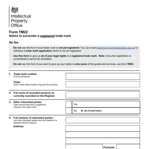 Document preview: Notice to surrender a registration — Intellectual Property Office, United Kingdom