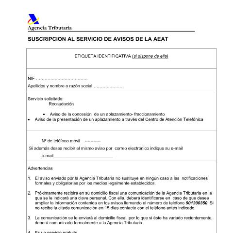 Vista previa del documento Formulario para suscripción a servicios de aviso — AEAT — Modelos de representación / autorización, España