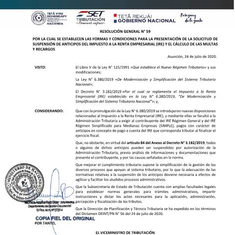 Vista previa del documento 24 07 RG N° 59 Susp Anticipos IRE 24 07 2020 — Ire, Paraguay