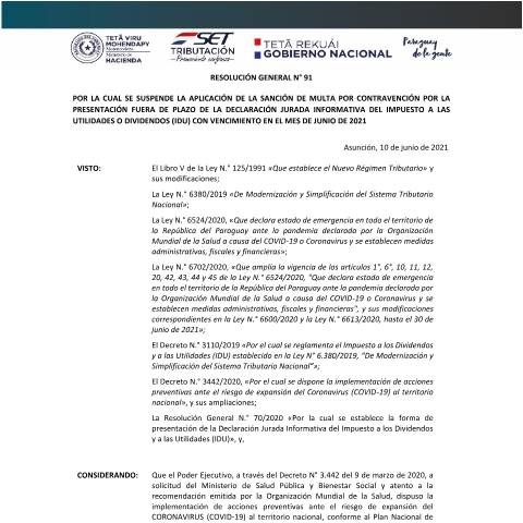 Vista previa del documento RG 91 Suspension Multa IDU — Idu, Paraguay