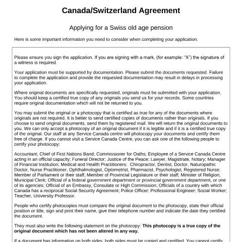 Document preview: Switzerland/Canada Agreement - Application for a Swiss old age pension — Income Security Programs, Canada (CERFA n°CH-CAN-3.3)