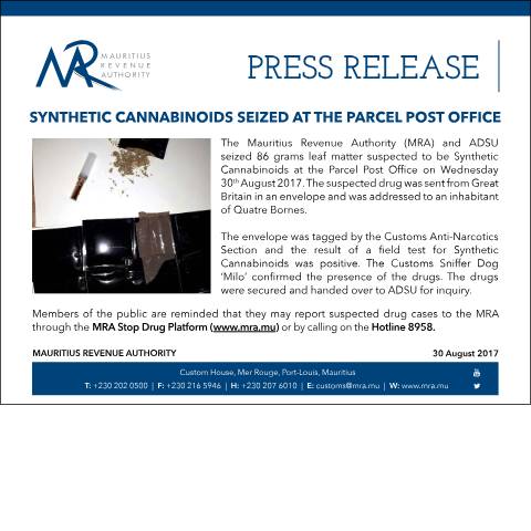Document preview: Synthetic Cannabinoids seized at the Parcel Post Office (30.08.17) — Document, Mauritius (CERFA n°Cannabinoid300817)