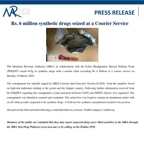 Document preview: Rs 6 million synthetic drugs seized at a Courier Service (22.03.24) — Document, Mauritius (CERFA n°PressRelease220324)