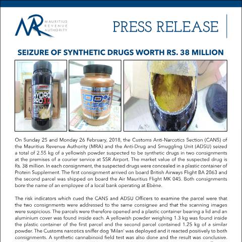 Document preview: Seizure of Synthetic Drugs worth Rs 38 million (01.03.18) — Document, Mauritius (CERFA n°PressRelease010318)