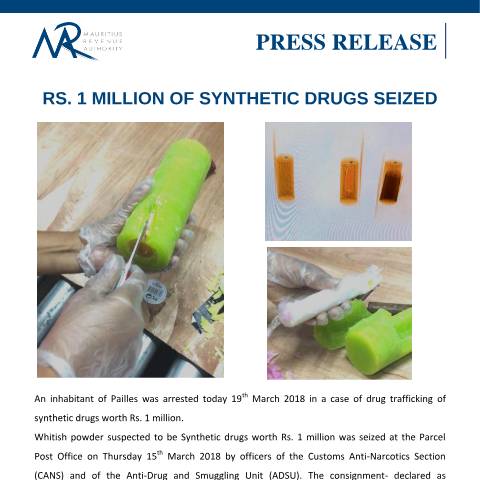 Document preview: Rs. 1 million of Synthetic Drugs Seized (19.03.18) — Document, Mauritius (CERFA n°PressRelease190318)