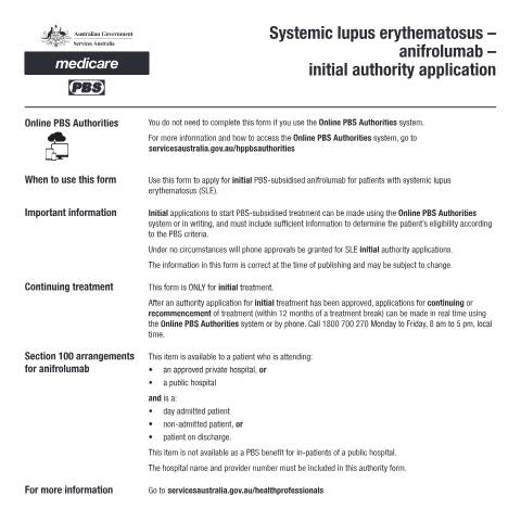 Document preview: Systemic lupus erythematosus - anifrolumab - initial authority application form (PB365) — Services Australia — Health professionals, Australia (CERFA n°PB365)