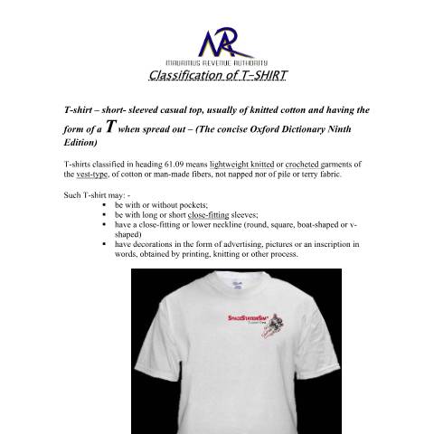 Document preview: Classification of T-Shirt — Document, Mauritius (CERFA n°T-shirt)