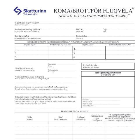 Document preview: T02 Aircraft - GENERAL DECLARATION — Customs, Ísland (CERFA n°T-02)