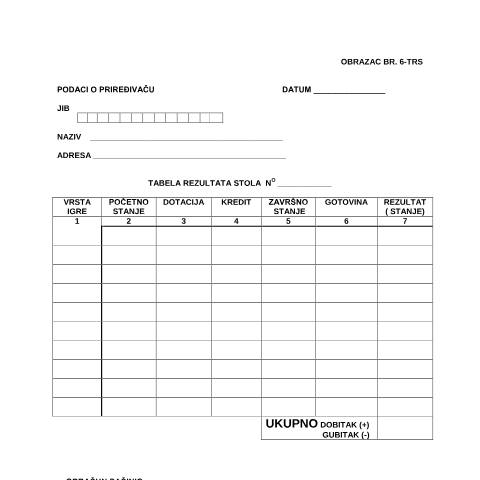 Document preview: TABELA REZULTATI STOLA — Obrazac | Igre na sreću, Bosna i Hercegovina (CERFA n°TRS)