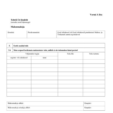 Document preview: Tabeli 5.6 lisaleht — maksud-ja-tasumine, Eesti (CERFA n°VORM A TABEL 5.6 LISALEHT)