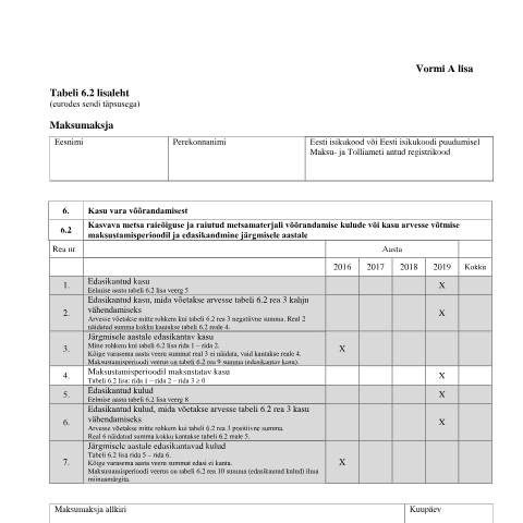 Document preview: Tabeli 6.2 lisaleht — maksud-ja-tasumine, Eesti (CERFA n°VORM A TABEL 6.2 LISALEHT)