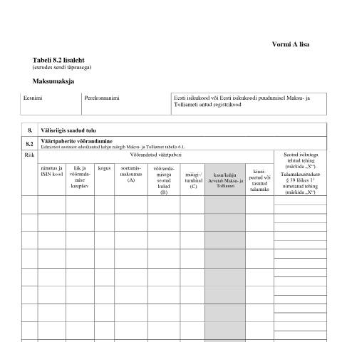 Document preview: Tabeli lisa 8.2 lisaleht — maksud-ja-tasumine, Eesti (CERFA n°VORM A TABEL 8.2 LISALEHT)