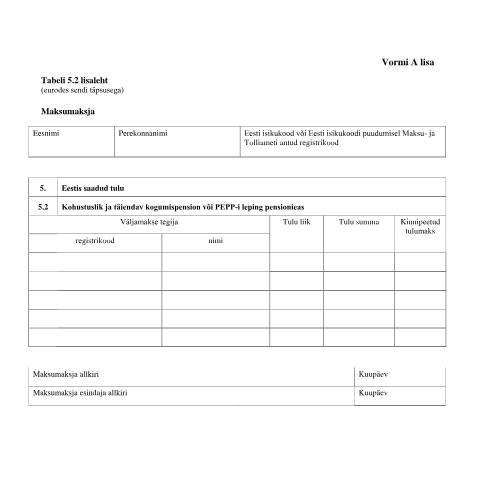 Document preview: Tabeli lisa 5.2 lisaleht — maksud-ja-tasumine, Eesti (CERFA n°VORM A TABEL 5.2 LISALEHT)