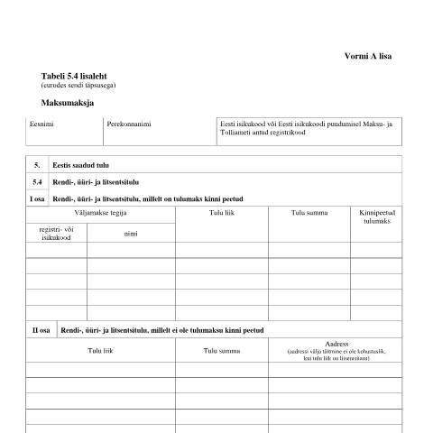 Document preview: Tabeli lisa 5.4 lisaleht — maksud-ja-tasumine, Eesti (CERFA n°VORM A TABEL 5.4 LISALEHT)