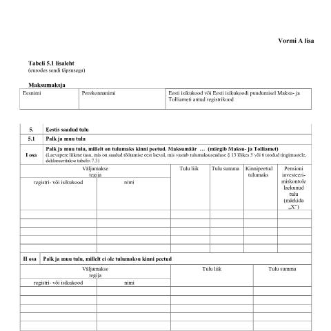 Document preview: Tabeli lisa 5.1 lisaleht — maksud-ja-tasumine, Eesti (CERFA n°VORM A TABEL 5.1 LISALEHT)