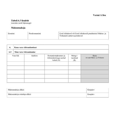 Document preview: Tabeli lisa 6.3 lisaleht — maksud-ja-tasumine, Eesti (CERFA n°VORM A TABEL 6.3 LISALEHT)
